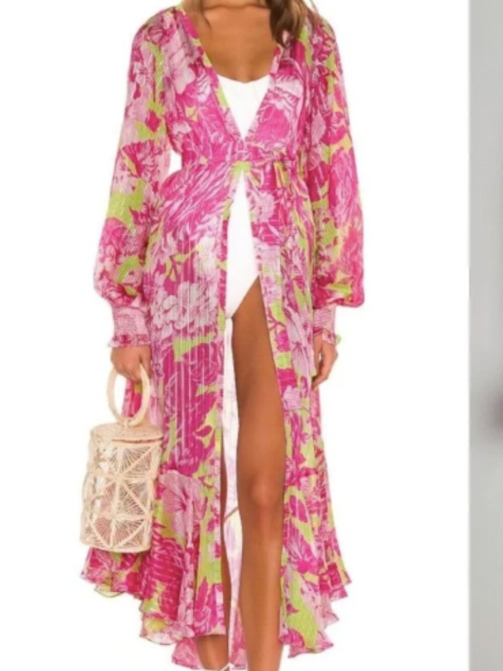 Rococo Sand Kimono Coverup Metallic Pink Green Floral Small